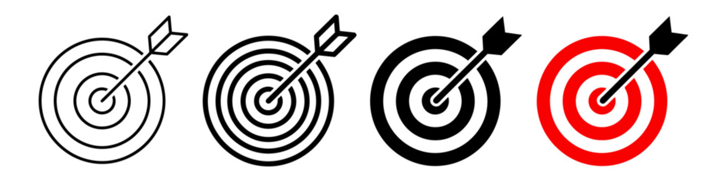 Four simplified target icons with arrows symbolizing accuracy and achievement presented in black line art solid black fill and red and black circular designs bullseye goal