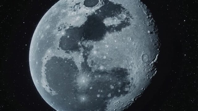 Drifting orbiter causing lunar disc rotating and shifting up-right in space, showing crater detail