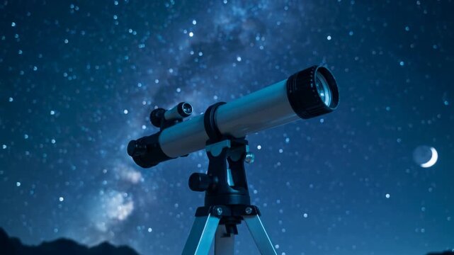 Pointing refractor on tripod staying above mountain, night falling, observing Milky Way and moon