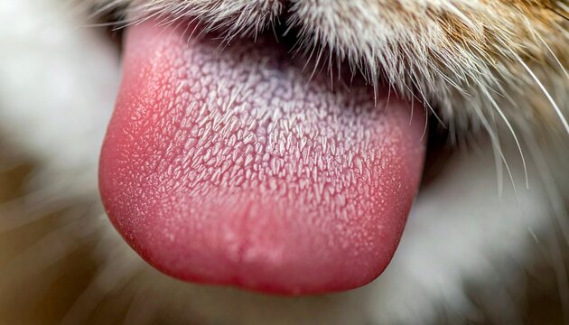 A very close-up macro shot revealing the rough, textured surface of a domestic cat's pink tongue, showing its unique papillae.