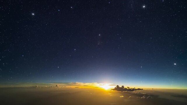 Glowing horizon causing sun rising over cloud layer from aerial view illuminating fading star field