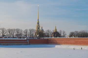 At the walls of the ancient Peter and Paul fortress on a frosty January day. Saint Petersburg, Russia