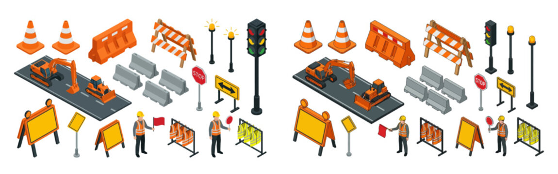 A collection of isometric road construction and traffic management elements including safety cones barriers excavators traffic signals warning signs and construction workers A collection of