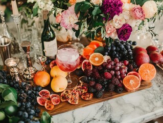 Maximalist cocktail garnish board with fruits edible flowers unique garnishes stylish drink station