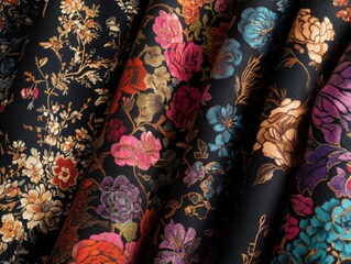 Intricate arts and crafts fabric with dark florals baroque motifs and mystical accents for whimsigothic style