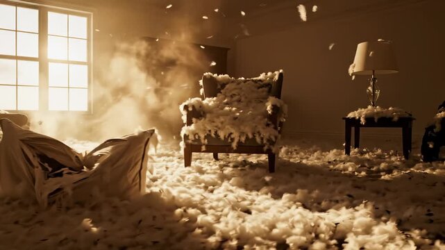 Soft feathers dance in sunlight, creating a whimsical atmosphere in the room. Splashes of white fluff adorn the furniture, invoking a sense of fun and surprise as the playful chaos unfolds.