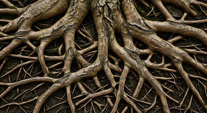 Intertwined tree roots forming a complex network pattern on dark soil, organic texture, natural background