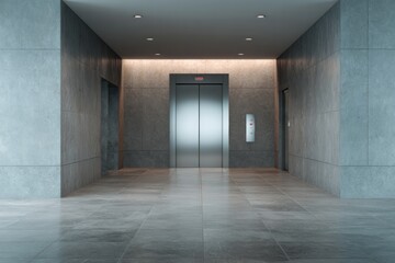 Fototapeta premium Modern building hallway features a metallic transportation cabin entrance set against textured walls