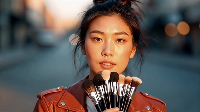 Young woman confidently holding makeup brushes in sunset light on urban street, showcasing beauty and self-expression