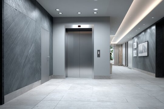 Modern interior hallway features polished metal elevator doors and textured stone wall panels