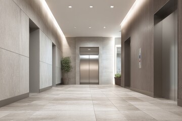 Obraz premium Modern building lobby features multiple polished metal elevators and subtle recessed lighting