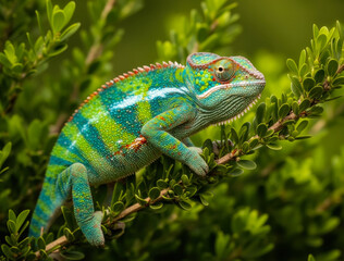 Obraz premium Vibrant green and blue chameleon perched on slender branch, gazing intently, embodying camouflage mastery and tranquil forest patience
