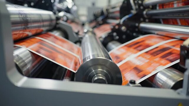 Closeup of industrial printing press rollers running orange labels at high speed