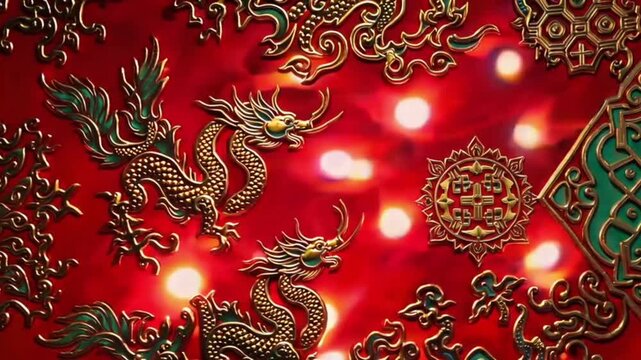 Animation of glowing spots over chinese traditional decorations on red background
