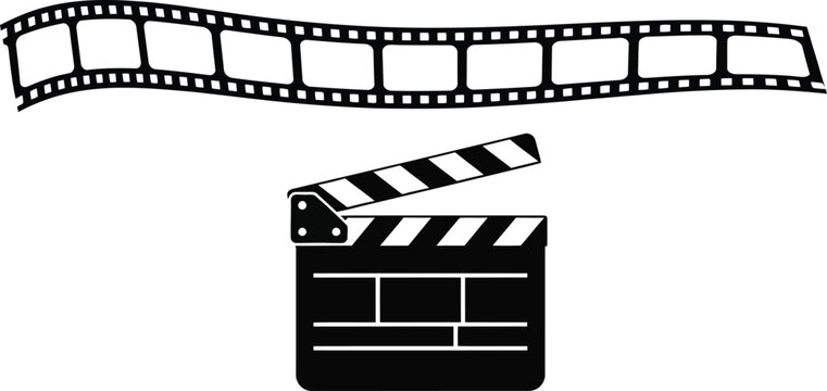 Black film clapper board and movie film strip