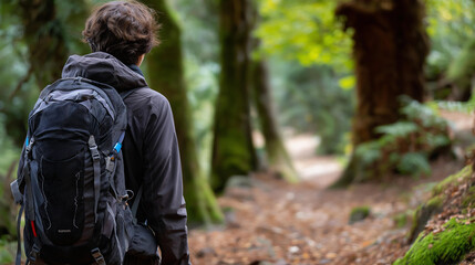 Obraz premium Faceless man with backpack walking through forest, outdoor adventure concept, woodland hiking scene, nature exploration photography, wilderness journey, with copy space