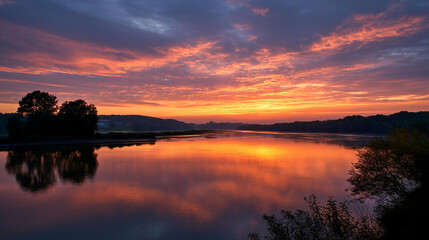 Pink cloud formation over calm water at sunrise, mirror reflection, defocused soft sky, peaceful atmosphere, morning beauty, with copy space