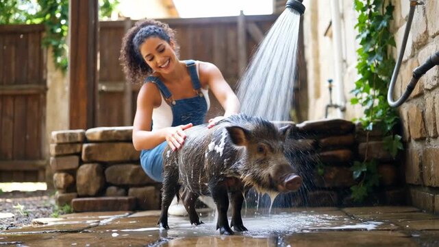 A young woman joyfully bathing a small pig in a backyard setting, surrounded by stone walls and greenery on a sunny day