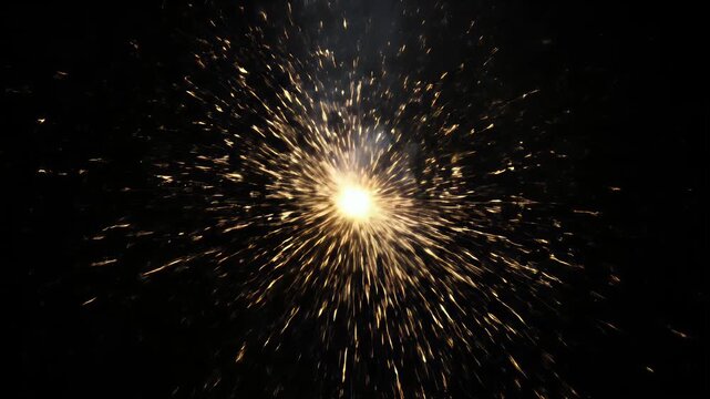 Centralized Bursting Sparkler With Gold Sparks Against A Black Backdrop, Holiday Celebration, Festive Night Scene