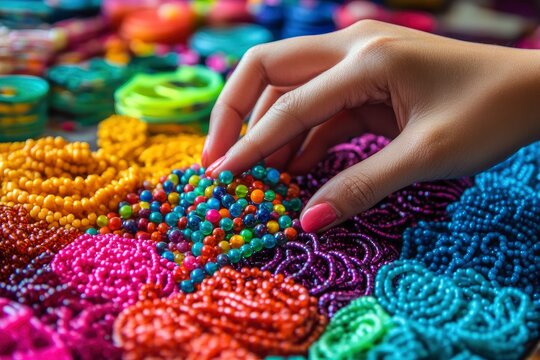 The process of making jewelry: selecting colored beads for stringing onto bracelets