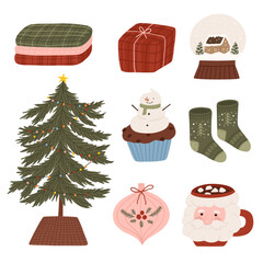 Christmas winter element set. Warm Christmas icon collection with festive decorations, food and cozy winter holiday elements. Vector hand drawn illustration.