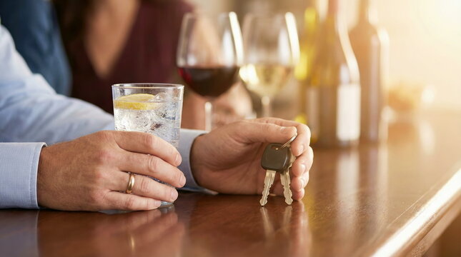 Man holding car keys and a glass of water at a bar, making a responsible choice to be the designated driver instead of drinking alcohol.