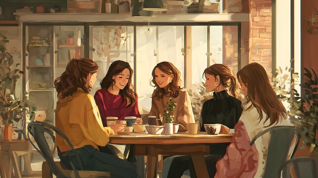 Illustration of women chatting over coffee in a cozy sunlit cafe. Warm autumn tones and detailed interior create a friendly, inviting mood. lifestyle, social gatherings, and cafe‑themed illustrations.