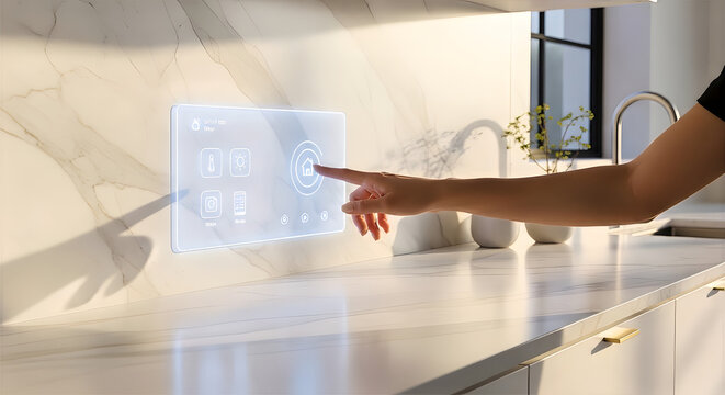 Smart Kitchen Control: A modern kitchen showcases a futuristic interface, where a hand interacts with a holographic control panel embedded in the countertop.