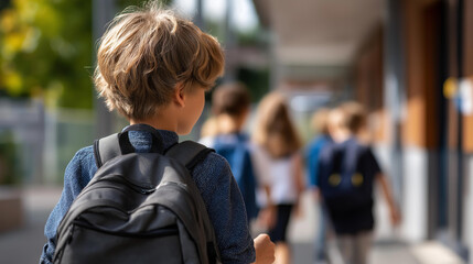 Young boy with backpack walking towards camera with other children, near school building area, student group scene, school approach moment, faceless children walking, defocused