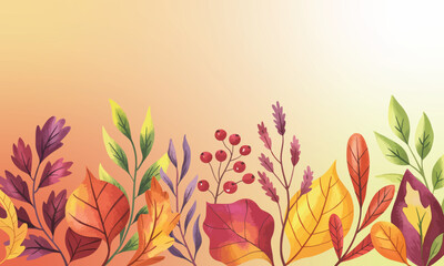 Autumn Leaves and Berries Border on Gradient Background