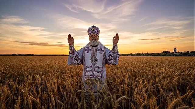 Elderly priest in ornate vestments standing with arms raised in prayer or blessing in a golden wheat field at sunset.