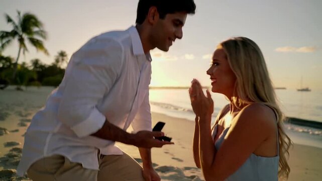 Kneeling man proposing marriage by presenting open ring box on sandy beach at sunset, woman gasping