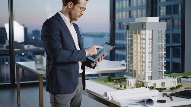 Tapping tablet, architect in navy blazer editing plans in office, checking lit model, copy space