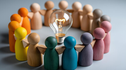 Obraz premium Wooden figures of different colors holding hands forming circle, light bulb in center as idea symbol, inclusive business thinking, dignity values visualization, circular teamwork
