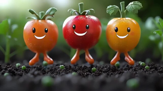 Cute tomato smiling tomato happy vegetable cartoon face garden soil fresh tomato orange tomato red tomato yellow tomato vegetable character playful farm crop cheerful plant sprout cartoon produce fun