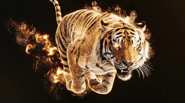 Fiery tiger mid leap with glowing flames and dynamic fire trail in dark cinematic background mythical power and energy wild animal fantasy concept