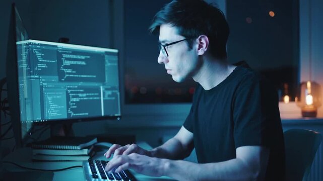 Typing programmer at desk at night, monitor glow drawing focus to backlit keyboard and code