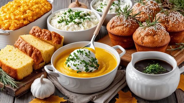 Autumn food comfort meal on rustic table with pumpkin soup corn casserole cornbread savory muffin mashed potato and gravy sauce homemade dish cozy warm autumn harvest vibe