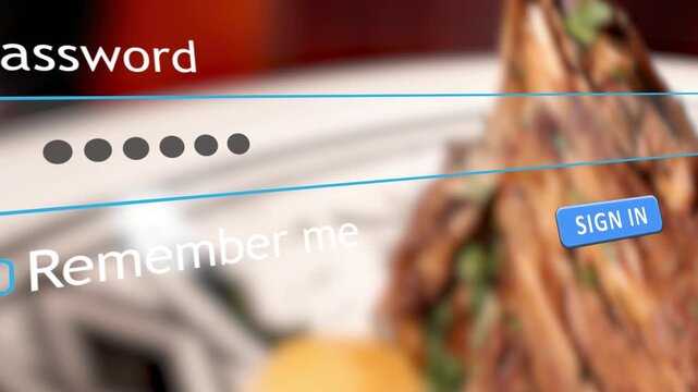 User types a password into a website form box on a computer while food is visible in the background. The user prepares to sign in and continue browsing.