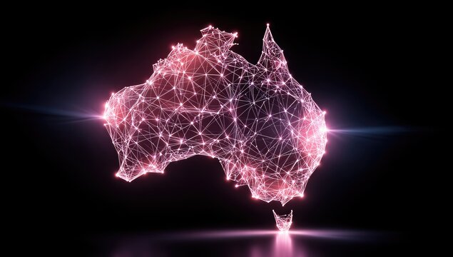 Glowing digital representation of Australia's map connected by glowing nodes on black
