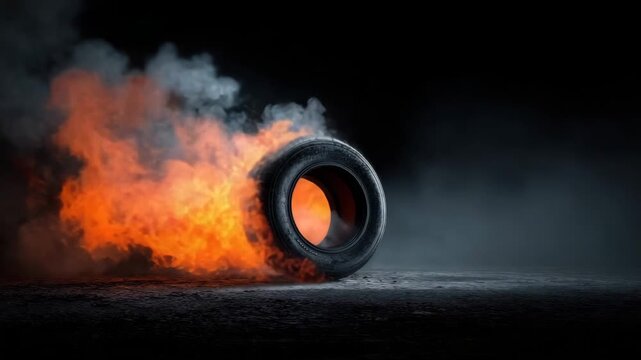Burning tire creating fire and smoke on asphalt