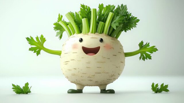 Cartoon celery root happy vegetable cute character smiling face green leaf white background 3d render healthy food organic produce playful mascot joyful scene bouncing cute vegetable character kawaii