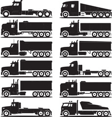 black silhouettes of various trucks and semitrucks on white background