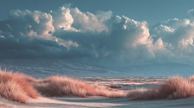 A sweeping landscape with light sandy dunes, tall grasses, distant mountains, & a dramatic cloudy sky