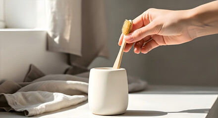Daily Oral Care Ritual: A hand delicately placing a bamboo toothbrush into a stylish ceramic holder, signifying a conscious commitment to sustainable hygiene and wellness.