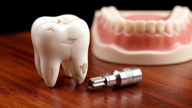 Dental Implant Model with Artificial Teeth on Wooden Surface For Dentistry Educational Material and Promote Oral