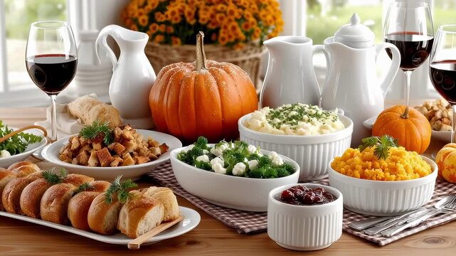 Harvest dinner table pumpkin thanksgiving feast autumn table setting roasted turkey roll mashed potato bowl cranberry sauce dish fall vegetable side cozy holiday meal white ceramic serveware red wine