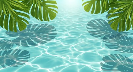 Tropical Leaves Overlapping Clear Blue Water with Sunlight Reflections.