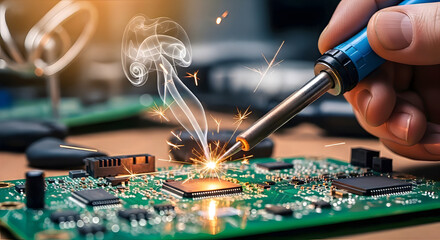 Circuit Board Soldering: A close-up view captures the intricate process of soldering on a circuit board, highlighting the fusion of technology and precision.