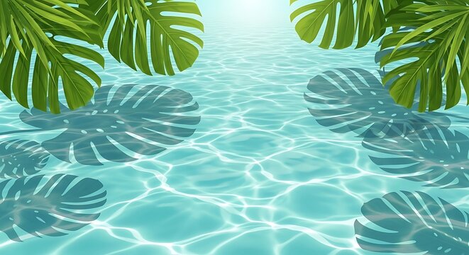 Tropical Leaves Overlapping Clear Blue Water with Sunlight Reflections.